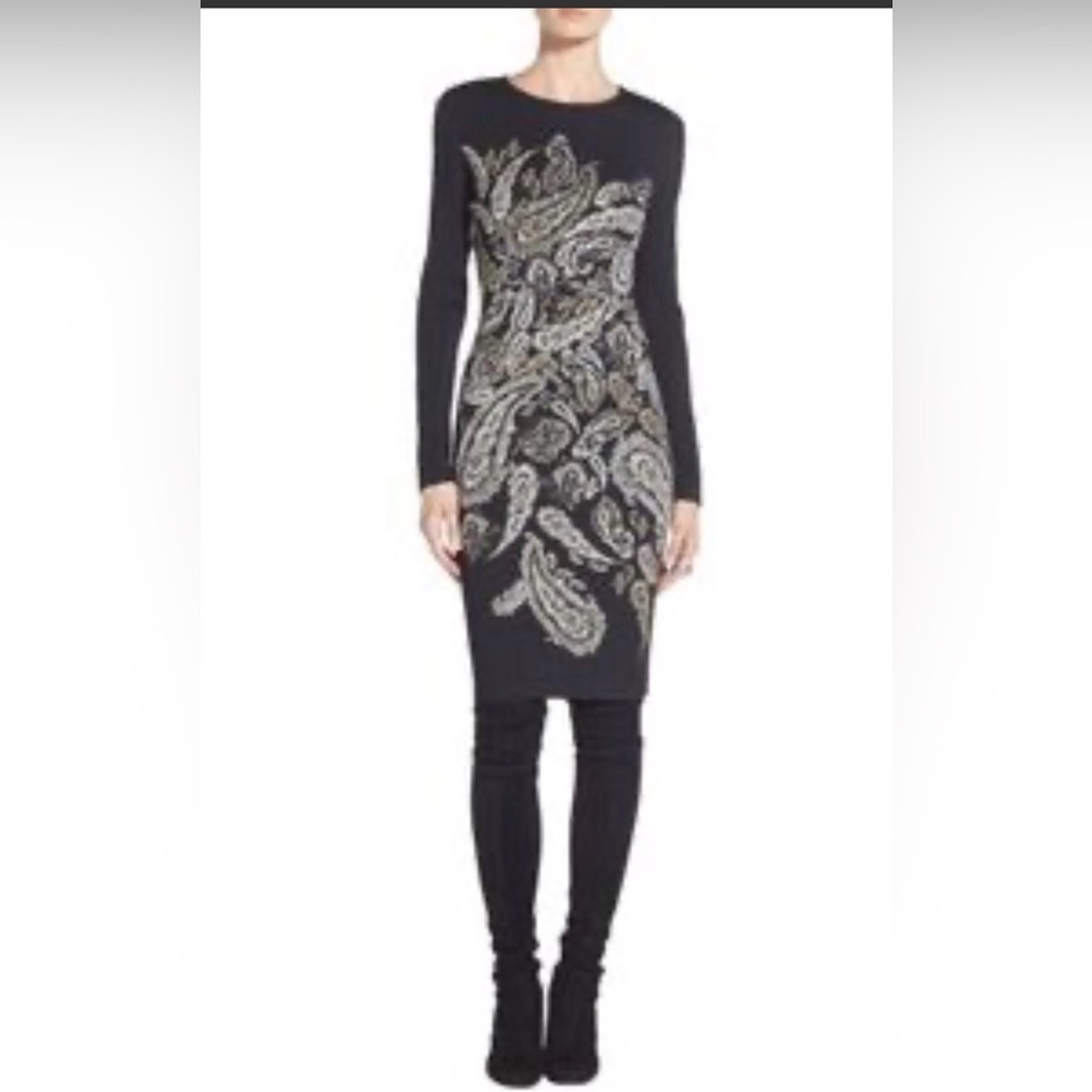 St. John Black and Cream Paisley Long Sleeve Knit Dress